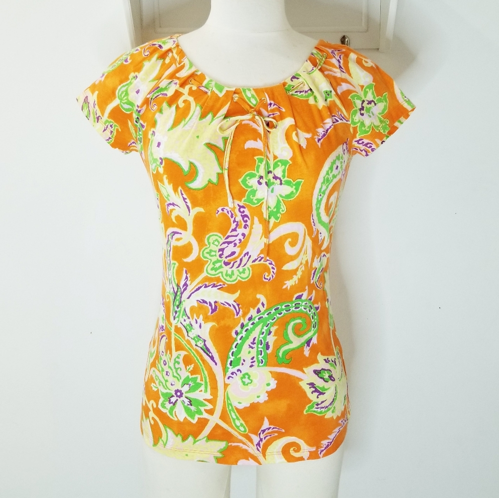 Lauren Ralph Lauren Cap Sleeve Cotton Top Orange Tropical Paisley Sz XS-S - Picture 3 of 14